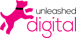 A pink silhouette of a leaping dog is positioned to the left of the word "digital" written in lowercase black and pink letters.