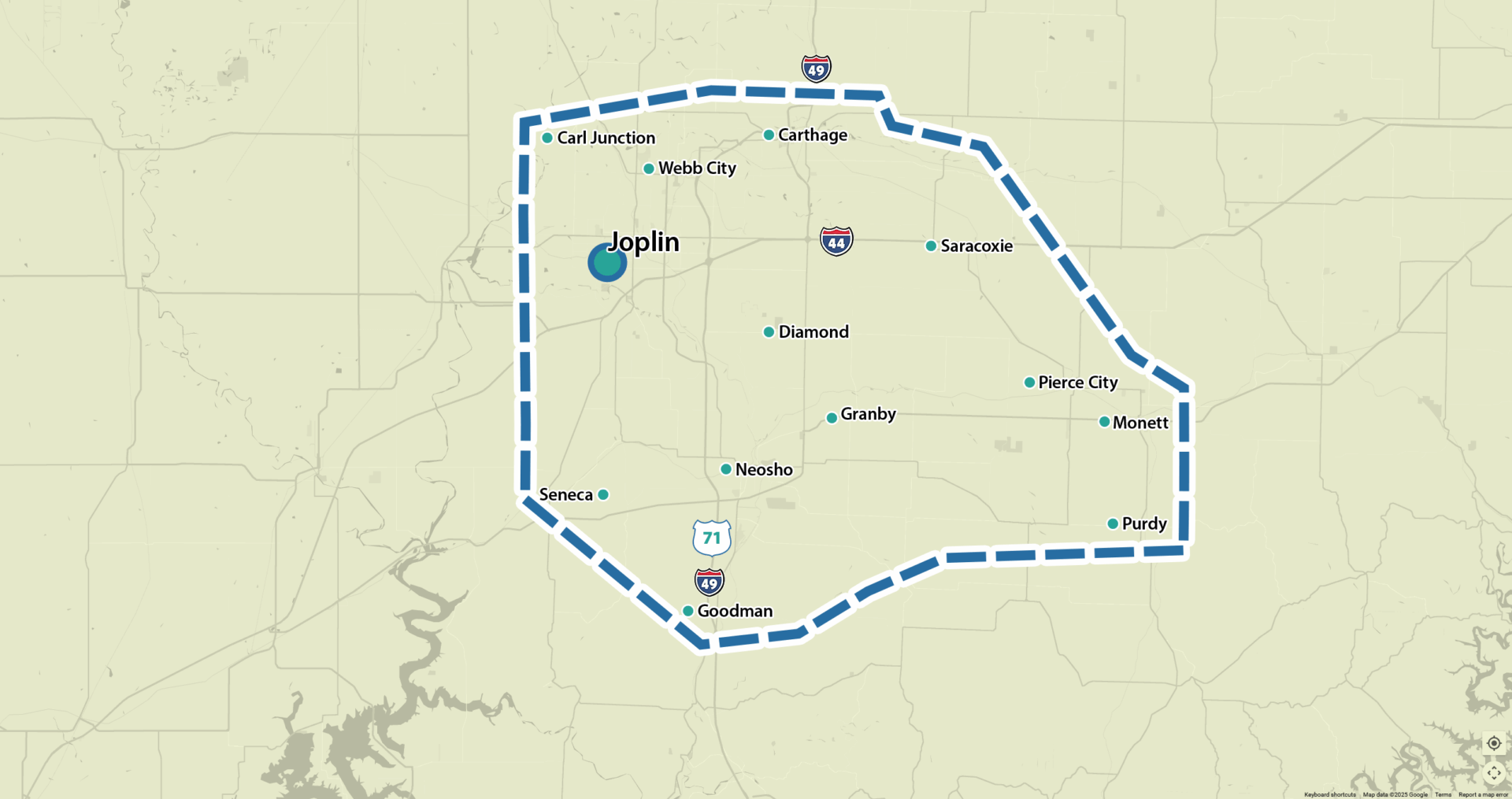 A map showing Joplin and nearby cities in Missouri, outlined by a dashed blue border along major highways.
