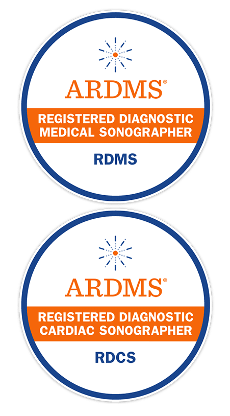 Two circular badges displaying ARDMS credentials: "Registered Diagnostic Medical Sonographer (RDMS)" and "Registered Diagnostic Cardiac Sonographer (RDCS).