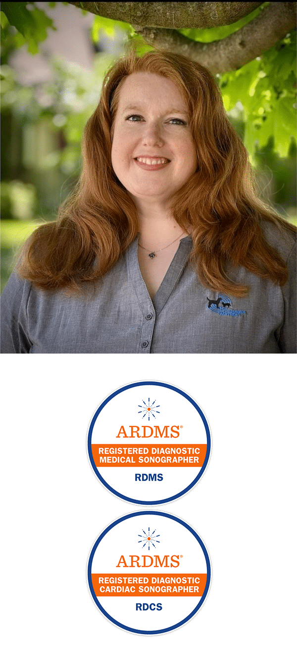 A woman with long red hair smiles outdoors. Below are ARDMS badges for Registered Diagnostic Medical Sonographer (RDMS) and Registered Diagnostic Cardiac Sonographer (RDCS).