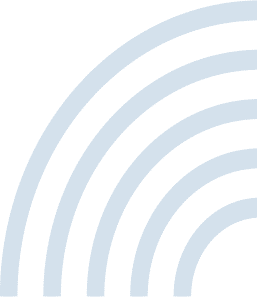 Five blue curved lines of increasing length form a quarter-circle pattern, starting from the bottom right corner on a white background.